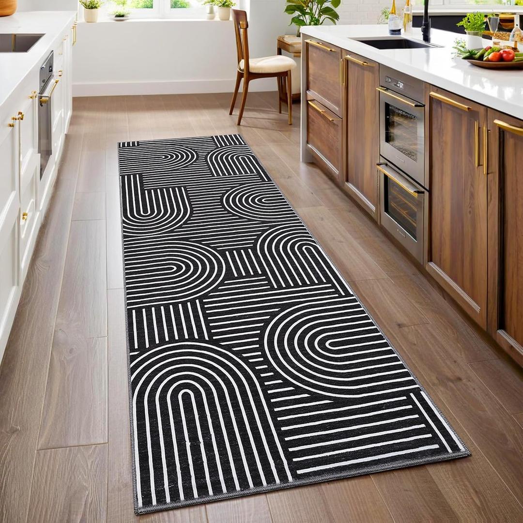 ROYHOME Modern Rug 2x6 Runners for Hallways, Abstract Kitchen Runner Rugs Non Slip Bath Runner, Rainbow Washable Runner Rug for Bedroom, Soft Long Rugs for Entryway Bathroom Laundry Dorm, Black
