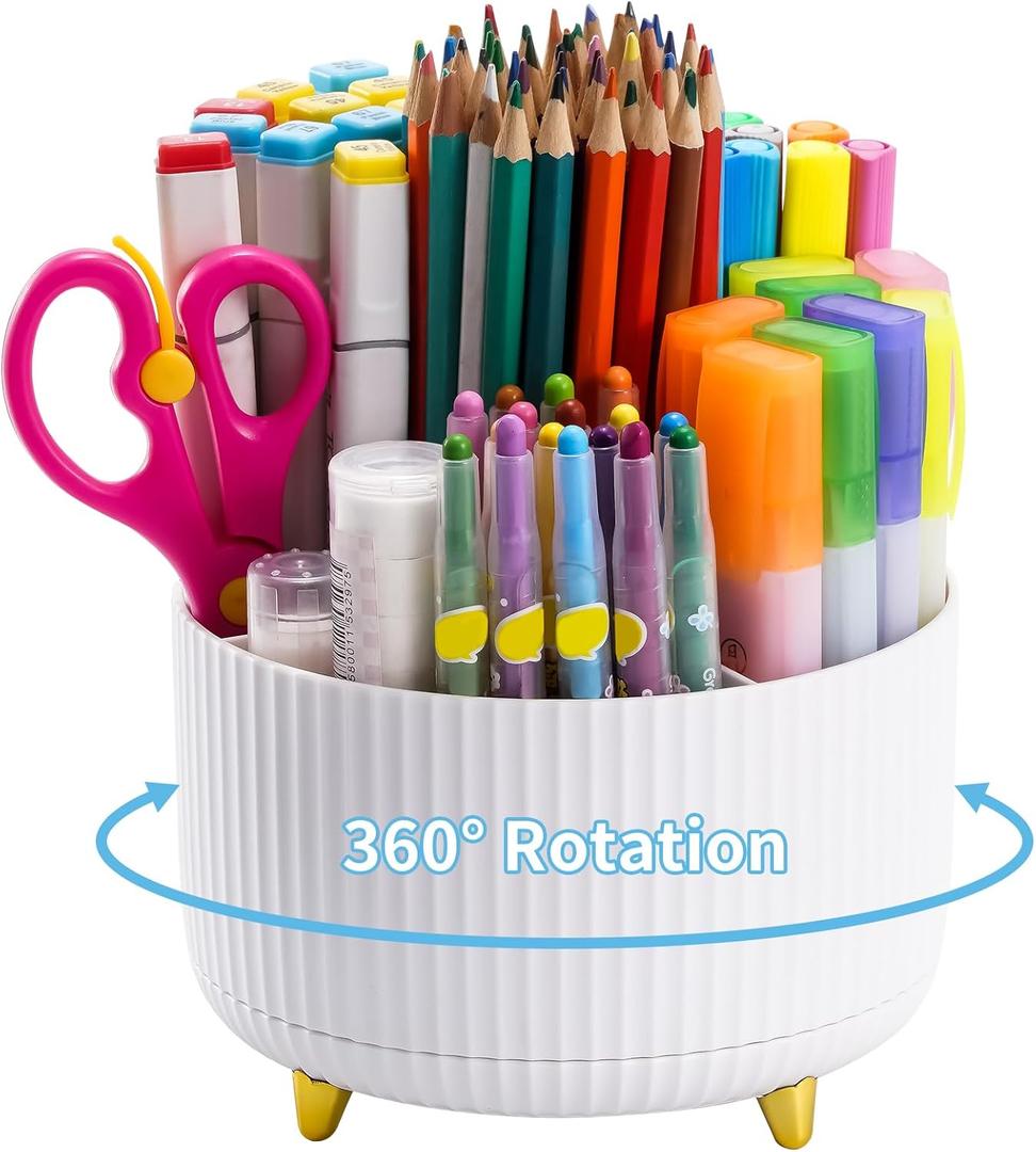 Marbrasse Desk Organizer, 360-Degree Rotating Pen Holder, Desk Organizers and Accessories with 5 Compartments Pencil Holder, Art Supply Storage Box Caddy for Office, Home (White）