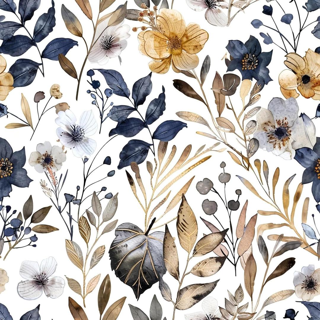 Floral Peel and Stick Wallpaper Navy Blue Gray Leaf Gold Self Adhesive Removable Floral Wallpaper for Bedroom Renter Friendly Contact Paper for Bedroom Bathroom Walls Shelf Liner 17.71"x236.2"