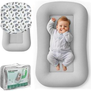 Baby Lounger for Newborn - Infant Lounger 0-24 Months with Lounger Cover, Cooling Baby Nest Lounger, Breathable Waffle Fabric & 3D Support, Portable Newborn Essentials, Gray (Grey)