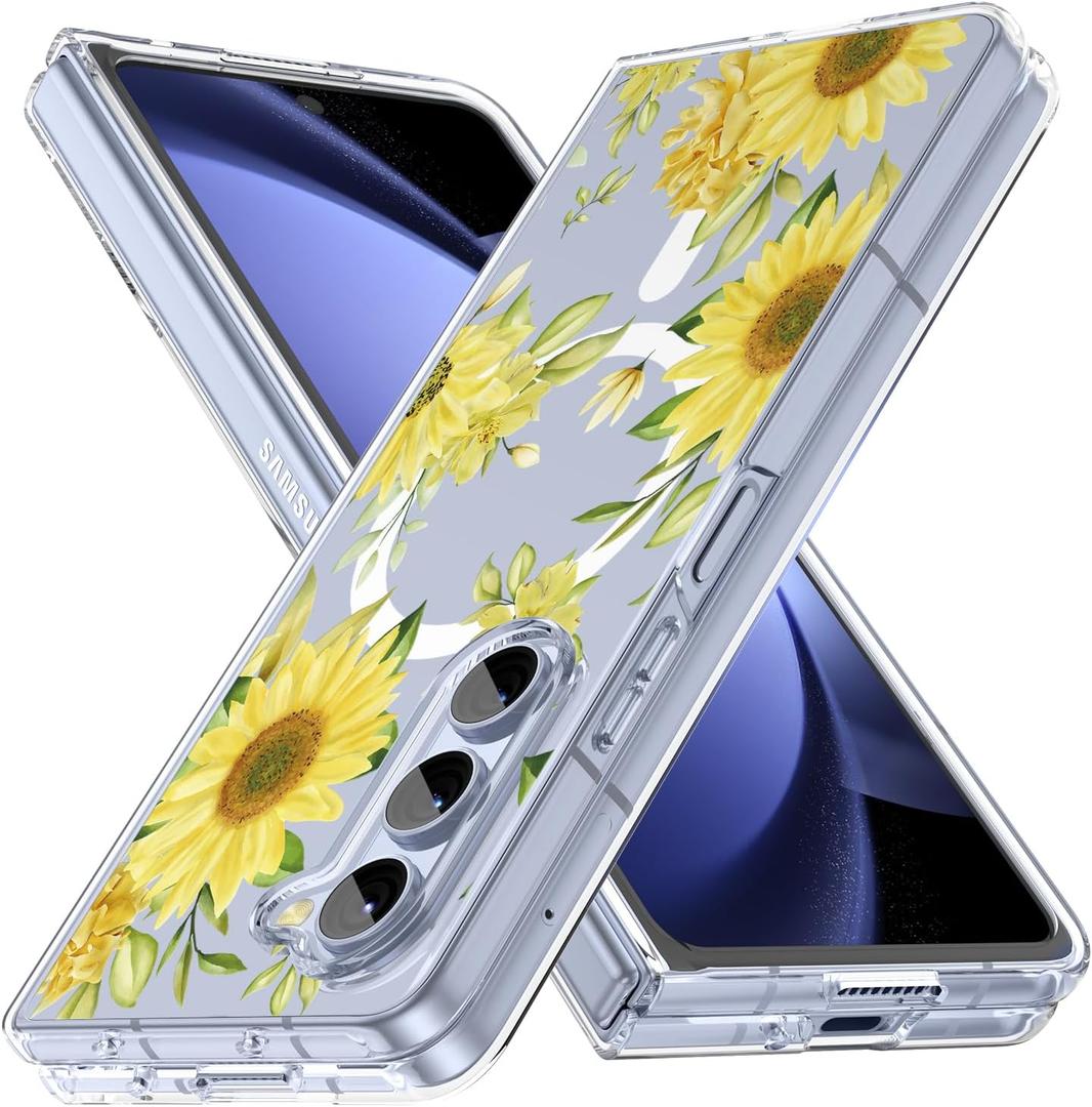 Magnetic for Galaxy Z Fold 5 Case,Clear Flowers Design Cover,Slim Anti-Yellow Hard PC Protective Soft TPU Bumper Shockproof Cute Case for Samsung Galaxy Z Fold 5,Sunflower(10-100)