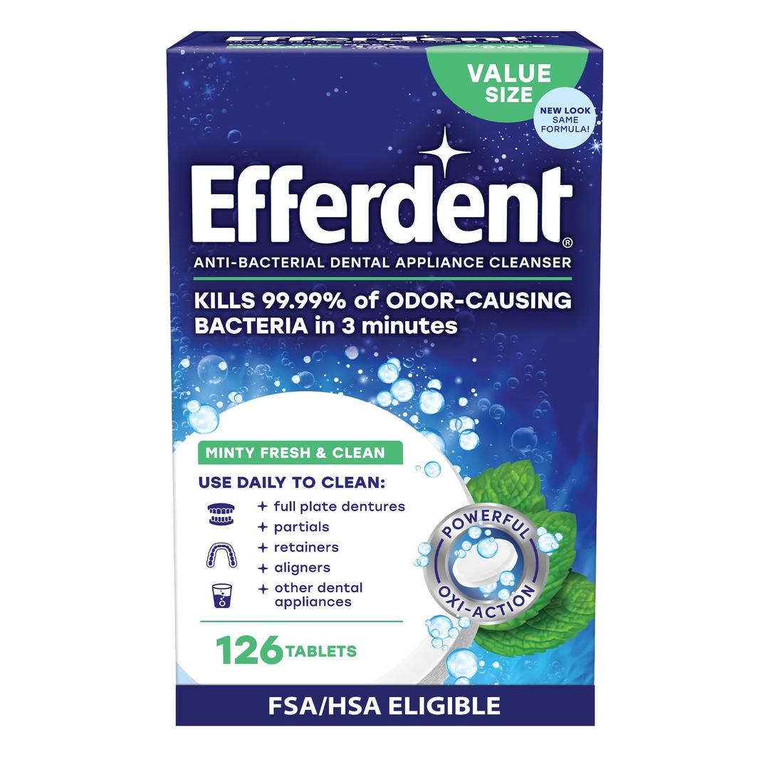 Efferdent Denture Cleaner Tablets – Dental Appliances, Aligners, Mouth Guard, and Retainer Cleaner Tablets, Minty Fresh & Clean, 126 Count