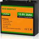 ECO-WORTHY 12V 20Ah Lithium Battery, 3000+ Deep Cycle Rechargeable LiFePO4 Lithium Ion Phosphate Battery with BMS for Trolling Motor, Fish finder, Kids Scooters, Power Wheels, Outdoor Camping