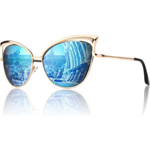 GQUEEN Trendy Oversized Sunglasses for Women Polarized Cat Eye Cute UV400 Protection (Trendy Gold Frame/Blue Mirrored Lens)