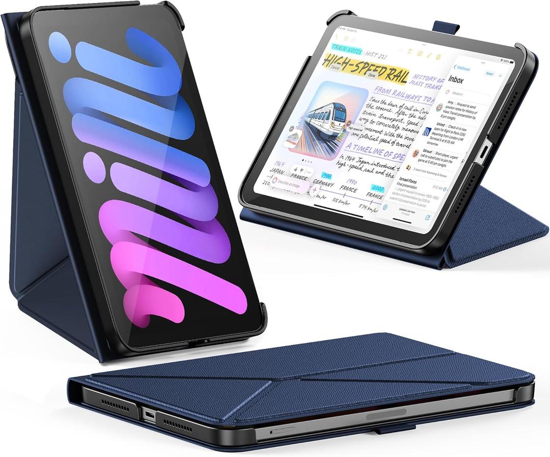 INFILAND Case for iPad mini 7 (A17 Pro) 2024 / iPad mini 6 2021, Magnetic Origami Slim Protective Case, Book-Style Foldable Cover with Pencil Holder, Multi-Angle Stand, Auto Wake/Sleep, Navy