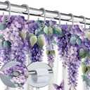Purple Floral Butterfly Shower Curtain Lavender Weeping Wisteria Blossom Vine Spring Watercolor Fabric Bathroom Decor Curtain with Hooks, 70Wx70H