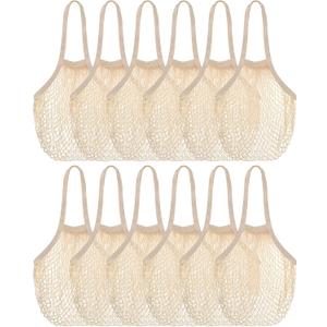Eccliy 12 Pieces Farmers Mesh Grocery Bag Beach Bags Bulk Reusable Cotton Net Aesthetic Portable Tote with Handles for Fruit Vegetable(Beige)