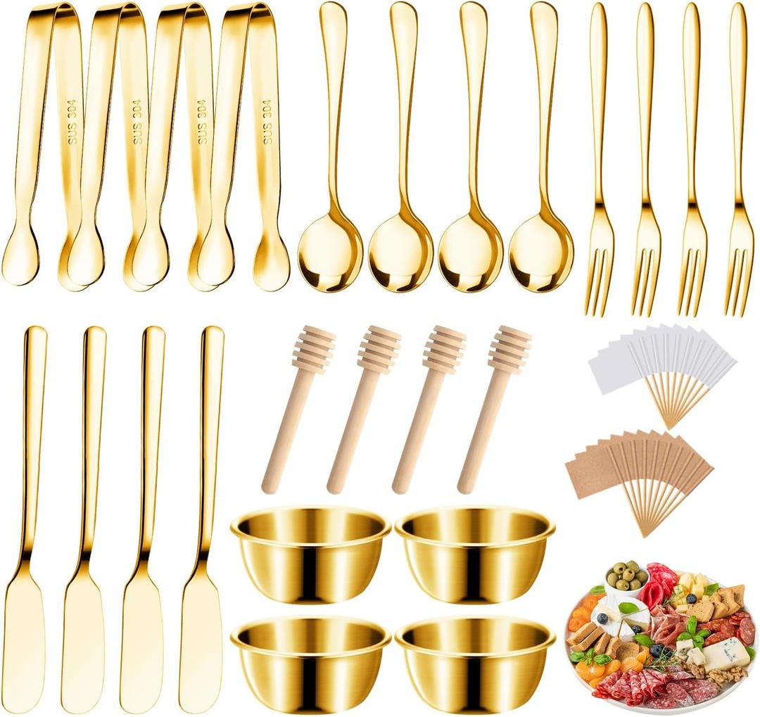 Cheese Butter Spreader Knives Set Charcuterie Board Accessories Stainless Steel Spreader Knives Forks Spoons Mini Serving Tongs Small Dipping Bowls Toothpick Flags Utensils for Pastry Making (Gold)