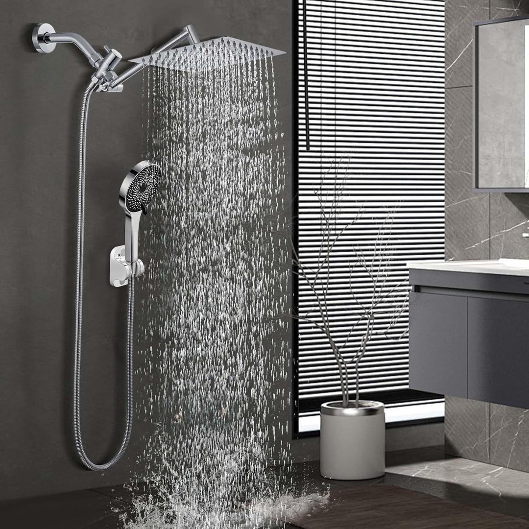 10 Inch Shower Head, Rain Shower Head with Adustable Extension Arm, Detachable Rain Shower Head with Handheld spray High Pressure Shower Hose with Holder in Bathroom (Silver)