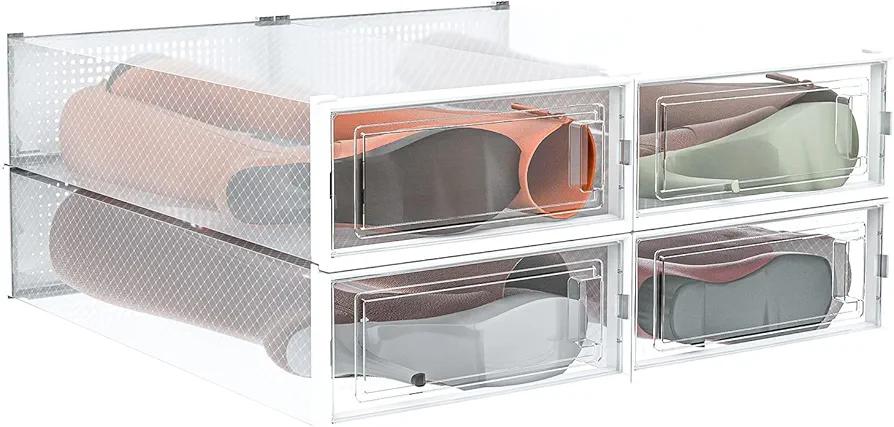PARANTA 4-Piece Extra Large Boot and Shoe Storage Boxes, Stackable Clear Plastic Shoe Organizer, Space-Saving Shoe Boxes for Boots, Sneakers, and High Heels, Clear