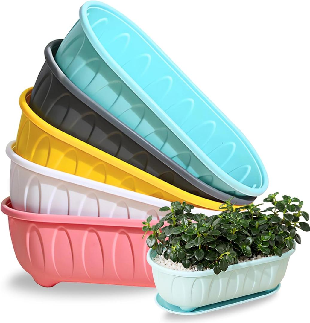 5-Pack 12-Inch Cute Plastic Plant Pots with Saucers | Multi-Color Thickened Flower Pots with Drainage Holes for Succulents, Herbs, Orchids | Indoor/Outdoor Soil Hydroponics Dual Purpose Planters