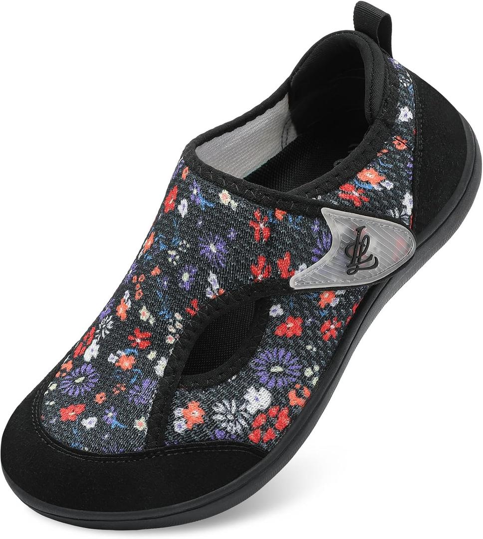 LeIsfIt Womens Wide Diabetic Shoes Adjustable Barefoot Walking Shoes Breathable Zero Drop Sneakers for Wide Width Arthritis Edema Feet (D-black Flower, 43)