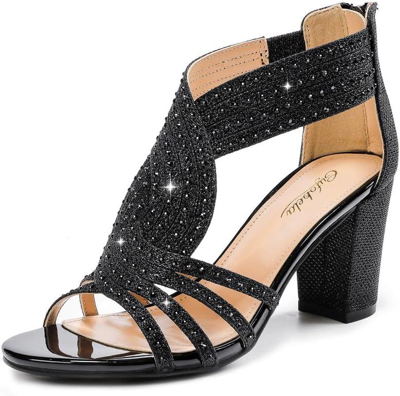 Women's Rhinestone Sparkly Chunky Block Heel Sandals Open Toe Dressy Shoes with Zipper Closure for Wedding Prom Homecoming Hoco Formal Events (8, Black)