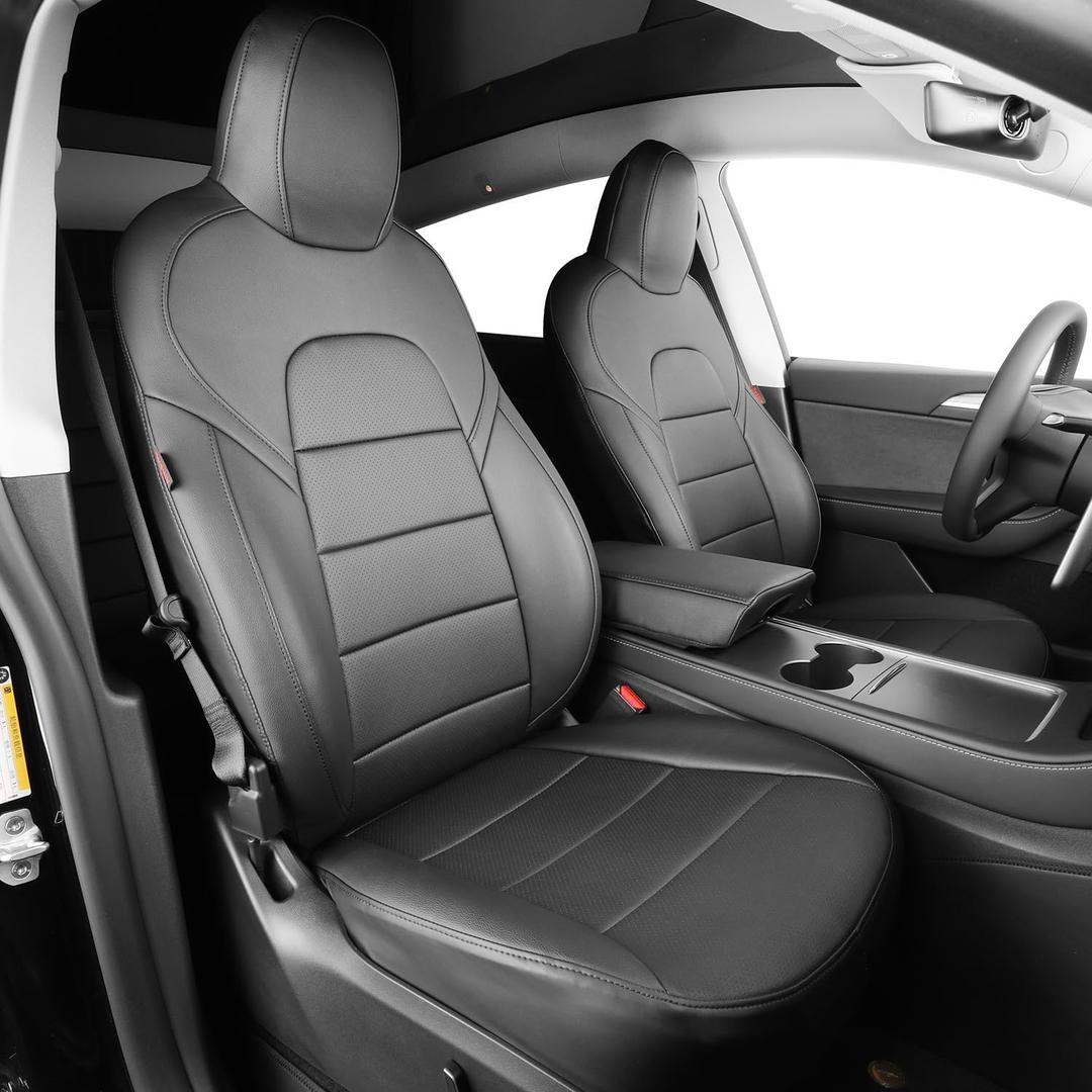 overdream Leather Seat Covers Custom Fit for 2026 Tesla Model Y Long Range (Premium) Only,Not for Standard,Armrest Covers Included,Breathable Waterproof Car Seat Protector(Full Set,Black)