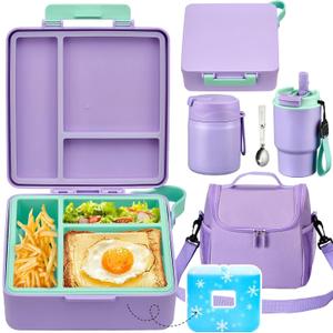 Pawtong Lunch Box Set with Bento Box Container, 17OZ Stainless Steel Food Soup Thermo, Kids Water Bottle & Portable Insulated Lunch Bag  Leakproof, Hot/Cold Retention for School, Travel (Purple)