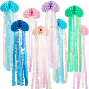 OBBOLO Under the Sea Party Decorations, 8 Pcs Jellyfish Honeycomb Decorations, for Mermaid Birthday Decorations, Blue Pink Purple Paper Hanging Jellyfish Decorations for Ocean Themed Birthday Party