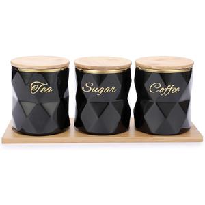 JUXYES Ceramic Canisters Set for Sugar Coffee Tea, Luxurious Storage Containers Set with Lids Decorative Storage Pots Black Storage Jar for Kitchen Counter Dining Room Black