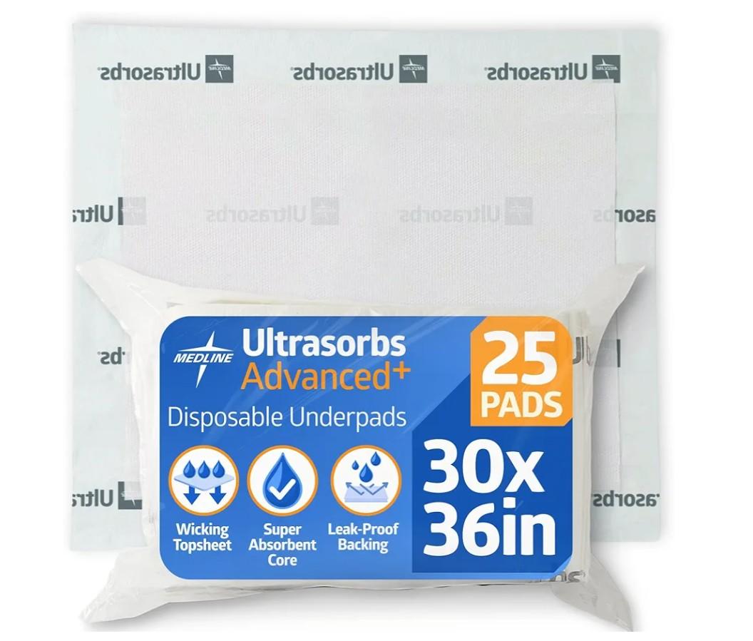 Medline Ultrasorbs Drypads, 30" x 36", 25 Count, Super Absorbent Disposable Bed Pads, Large Incontinence Bed Pads, Chucks Protective Underpads, 10 Times More Absorbent, For Adults, Elderly