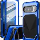 Google Pixel 10 Pro XL/9 Pro XL Metal Case with Camera Cover Kickstand, Built-in Tempered Glass Screen Protector, Heavy Duty Military Grade Shockproof Full Body Case 2025 (Blue)