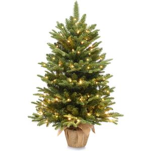 Somikis 3ft Pre-Lit Premium Artificial Mini Christmas Tree with 85 LED Lights and Realistic Nordic Spruce, Solid Cement Burlap Base Basin, for Xmas Home, Office, Tabletop, Party Decoration