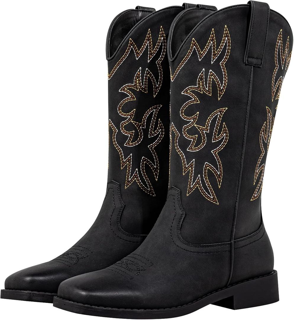 SheSole Wide Calf Cowboy Boots Women - Square Toe Cowgirl Boots for Wide Feet & Thick Calves, Comfortable Western Boots for Daily Work, Rodeo & Country Concert Black US 9
