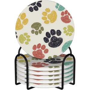 Funny Dog Paw Print 6 Pcs Coaster Set with Holder Round Ceramic Coasters Colorful Cute Beige Kids Cat Pawprint Claw Absorbent Cup Drink Coasters Set for Modern Coffee Table Bar Wine Beer Protect
