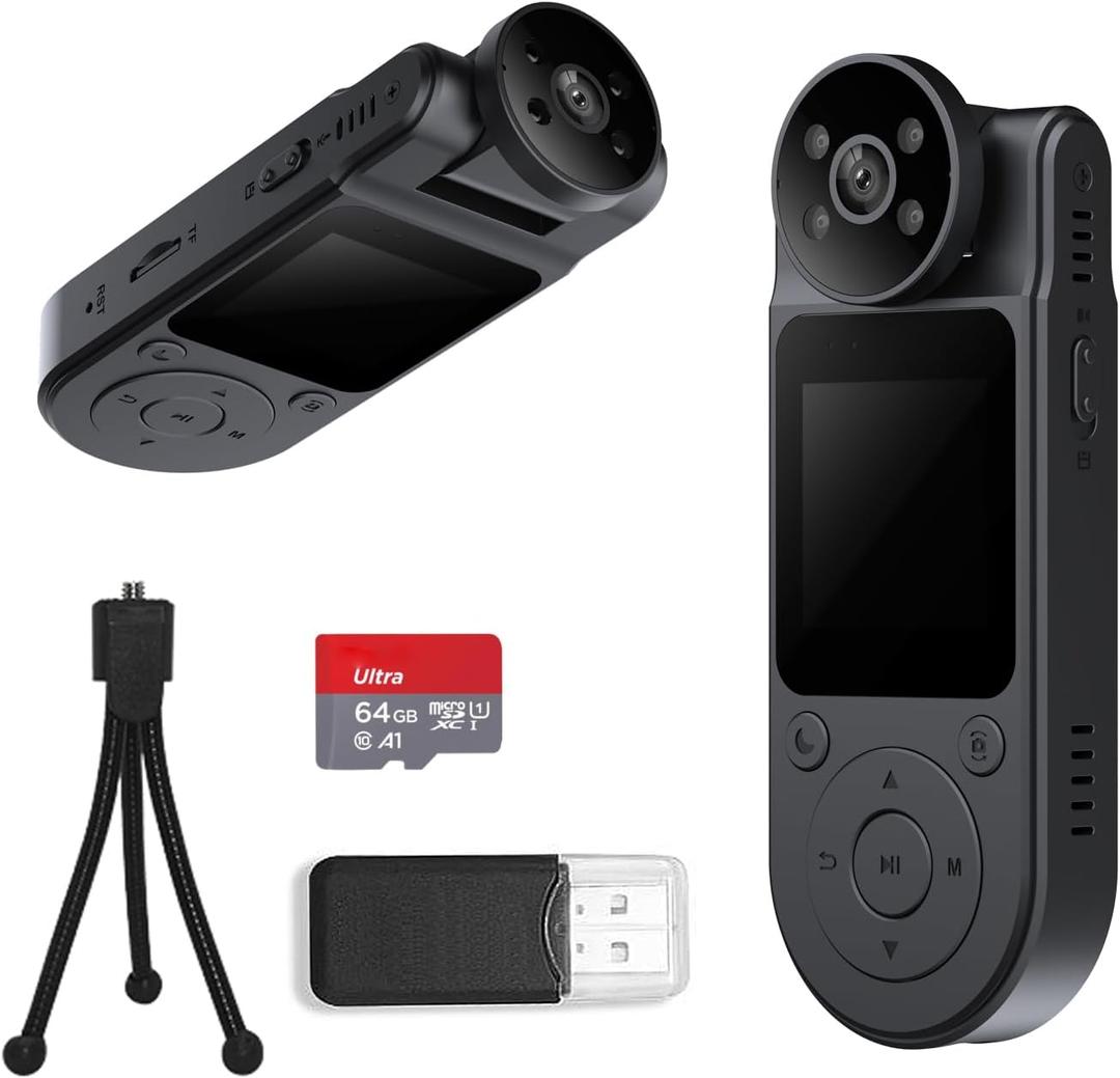 L20 1.5Screen Body Cameras with Audio and Video Recording, 1080P Wearable Personal Body Cam w/ 180 Rotating Lens, 7HR Battery, Night Vision, 64GB Portable Body Worn Camcorder for Civilians (No WiFi)