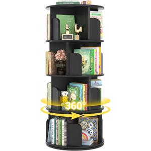 Besiost Rotating Bookshelf, Wood Corner Bookshelf, 360 Display Spinning Bookcase Storage Rack, 4 Tier Floor Standing Revolving Bookcase Narrow Book Shelf Organizer for Small Space, Bedroom, Black, 4 Tier, 51.2" H