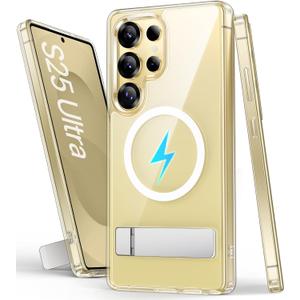 SIXBOX Magnetic for Samsung Galaxy S25 Ultra Case, Builtin Kickstand [NonYellowing] [Compatible with MagSafe] Shockproof Full Body Protective Cover Transparent Phone Case for Galaxy S25 Ultra, Clear