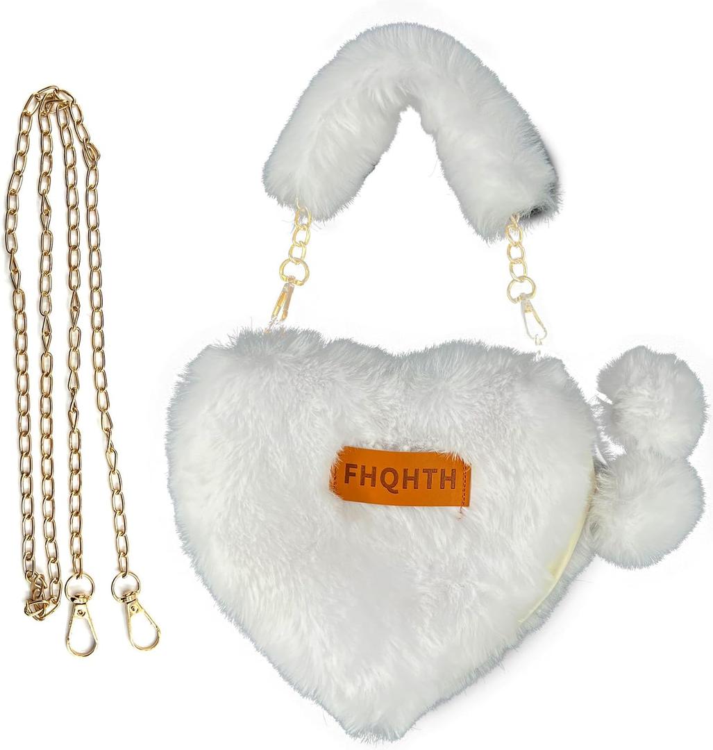 Faux Fur Evening Handbags Heart Shaped Clutches for Women Fluffy Shoulder Bags Metal Chain Strap (White)