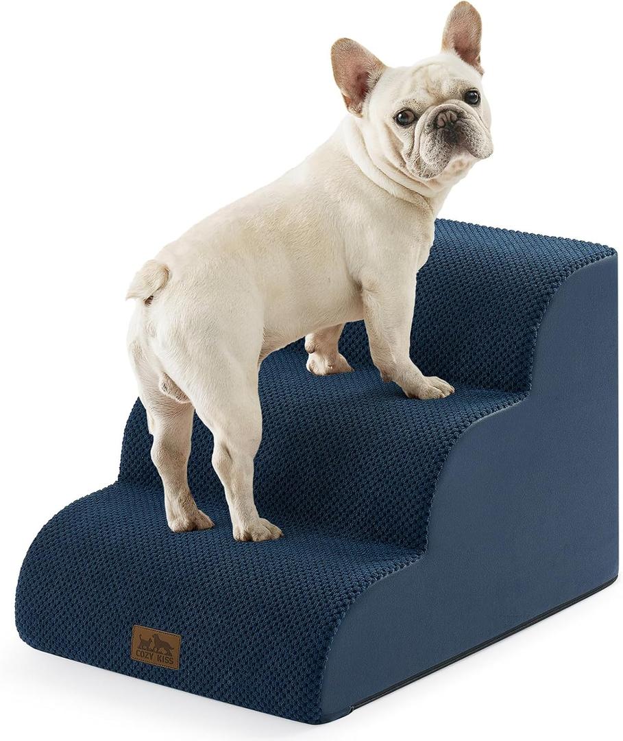 COZY KISS Wide Dog Stairs for Small Dog 15.7" H, Pet Step for Puppy, Older Cat, Curved Ramp for Couch, Durable Anti-Slip Ladder with High Density Foam, 3 Step, 17.7x22.4x15.7 inch, Navy Blue