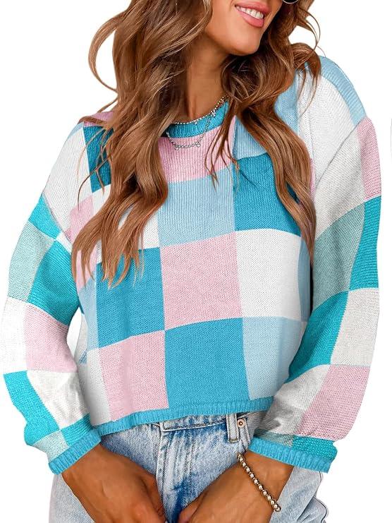 IDEALSANXUN Womens Color Block Cropped Sweater Fall Winter Trendy Cute Long Sleeve Knit Sweater Tops, M