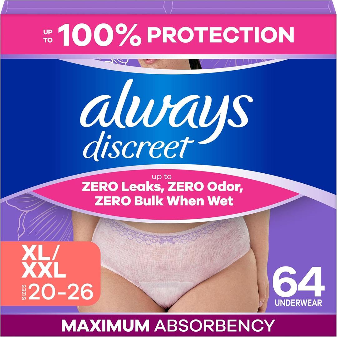 Always Discreet Adult Diapers for Women, Incontinence Underwear, Postpartum Essentials, Disposable Briefs, Max Absorbency, Bladder Leak Protection, Extra Large/XL, 64ct