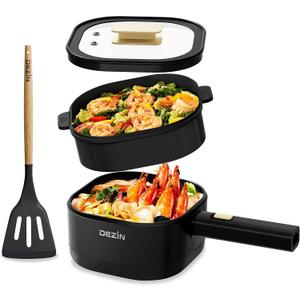 Dezin 2L Electric Hot Pot with Steamer, Rapid 800W Non-Stick Ceramic Coating Dorm Cooking Pot, Plug in Electric Pan Cooker with Adjustable Power for College Hotel Office(Silicone Spatula Included) (A(Black/with Steamer))