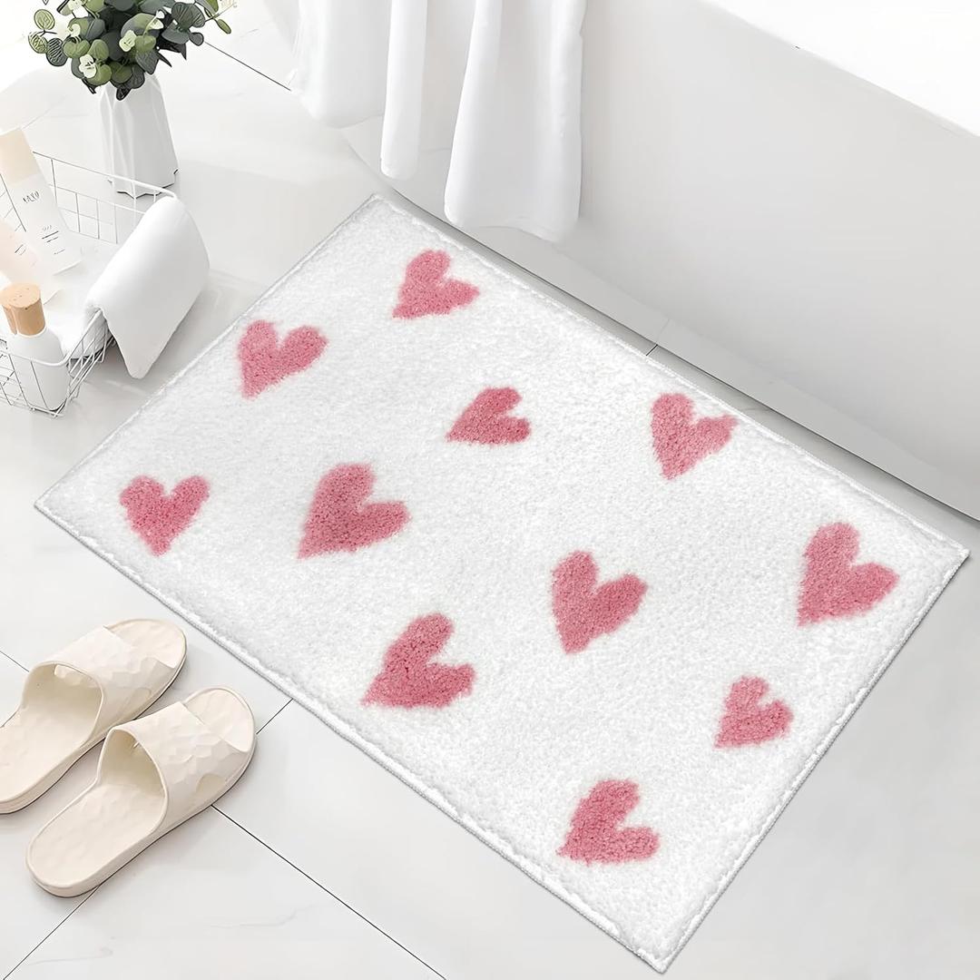 Valentines Heart Bath Mat for Bathroom Decor, Valentine's Day Bathroom Rugs Non Slip Absorbent, Soft Fluffy Microfiber Bath Rug, for Bath, Tub, Shower or Sink Mats Washable, 17x24n, White