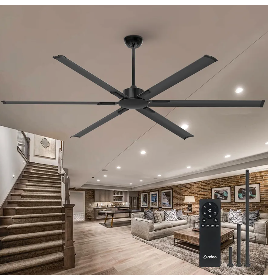 Amico 100 Inch Industrial Ceiling Fans Without Lights, Indoor/Outdoor Ceiling Fan with Remote Control, Reversible, 8 Blades, Noiseless, Black Ceiling Fan for Patio, Porch, Garage, Shop, Farmhouse