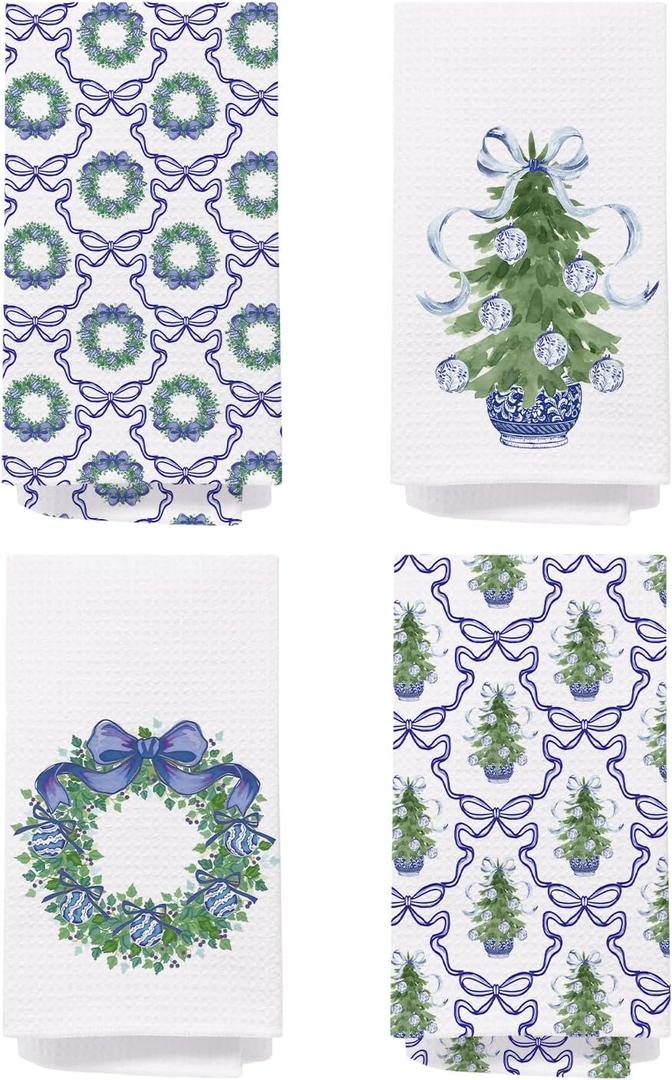 SPBL&L Chinoiserie Christmas Kitchen Towels, Blue Bow Coquette Christmas Tree Dish Towels for Kitchen,Light Blue Christmas Hand Towels for Bathroom Kitchen,16x24 Inches Grandmillennial Decor,Set of 4
