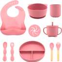 Silicone Baby Feeding Set 10 Pcs, Baby Led Weaning Supplies, Baby Feeding Supplies Set BPA Free, Baby Essentials for Newborn Gift Pink
