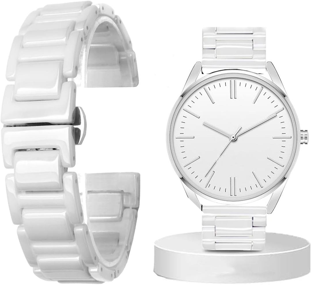 Juntan 7" Ceramic Watch Band Quick Release Watch Replacement Strap with Stainless Steel Butterfly Deployment Clasp Watch Bracelet for Women Men, White 