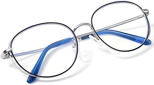 Madison Avenue Retro Round Blue Light Blocking Glasses with Case for Women,Designer Metal Computer Eyeglasses Blue