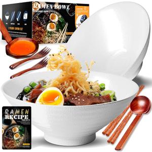 8-Inch Large Ceramic Ramen Bowl Set of 2 (9 Piece) - Microwave & Dishwasher Safe Porcelain Japanese Salad Noodles Cereal Fruit Pasta Soup Bowls with Recipes Chopsticks Forks Spoons for Men Women Gift