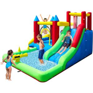 9-in-1 Inflatable Water Slide for Kids Age 3-6, Outdoor Blow Up Bounce House Water Park with Dual Slides, Climbing Wall, Splash Pool, Water Cannons, Jumping Area, Backyard Water Slide with Blower