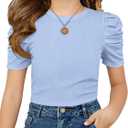 ZDC Girls Puff Short Sleeve T Shirts Kids Summer Ribbed Knit Tops Crewneck Slim Fit Workout Tee, 140 (Blue)