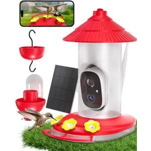 NAVFS Smart Hummingbird Feeder with Camera, 2K AI-Powered Outdoor Hummingbird Camera Feeder with Solar Panel, Auto Capture Videos & Motion Detection, Ideal Gift for Bird Watchers-Red