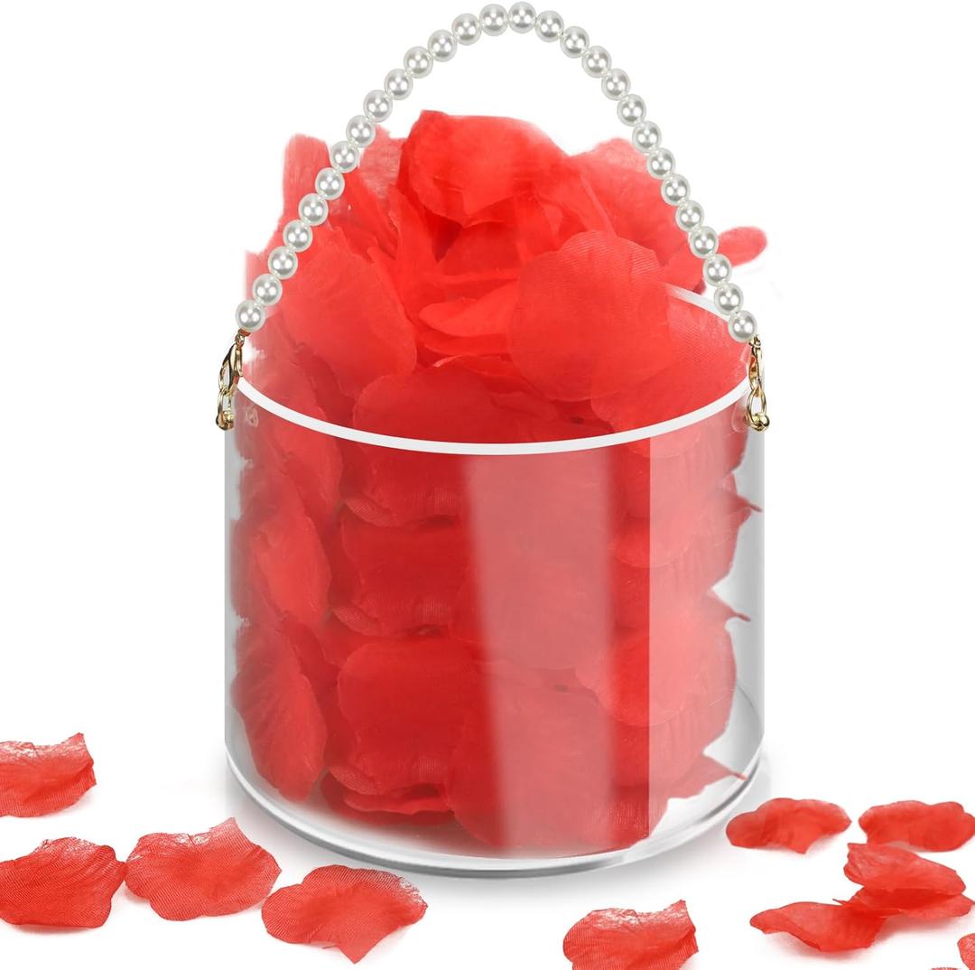 Flower Girl Basket,Wedding Basket with Pearl Handle,Clear Acrylic Basket,with 500 Pcs Silk Red Rose Petals, Suitable for Wedding,Party,Home Decorations