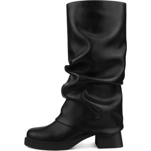 Women's Fold Over Boots Slouchy Wide Mid Calf Boots Low Block Heel Tall Boots Square Toe Moto Biker Booties Stacked Pleated Dress Boots Black US 9.5