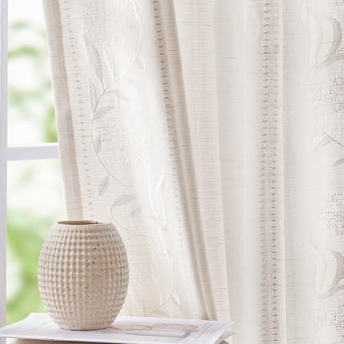 jinchan Winslow White Linen Curtains for Bedroom 108 Inches Length Embroidered Bordered Floral Curtains for Living Room Farmhouse Decor Light Filtering Window Treatments White on White Drapes 2 Panels