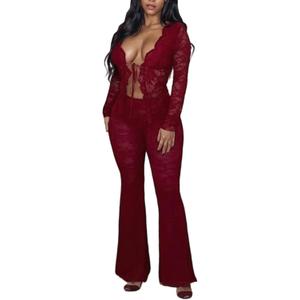 Women's Sexy Lace 2 Piece Set Tie Front Ruffle Mesh Crop Top Skinny Flare Pants Sets Going Out Club Outfits (Large, 01red)