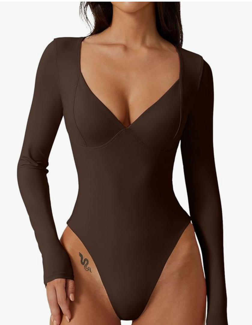 QINSEN Women's Long Sleeve Bodysuit V Neck Body Suits Seamed Cup Going Out Tops Shirt Size M