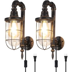 Industrial Plug in Wall Sconce E26 Edison Antique Wall Lights with 5.9Ft Plug in Cord On Off Switch Rustic Wall Sconces Lighting Fixture for Headboard Bedroom Porch Hallway, 2 Pack
